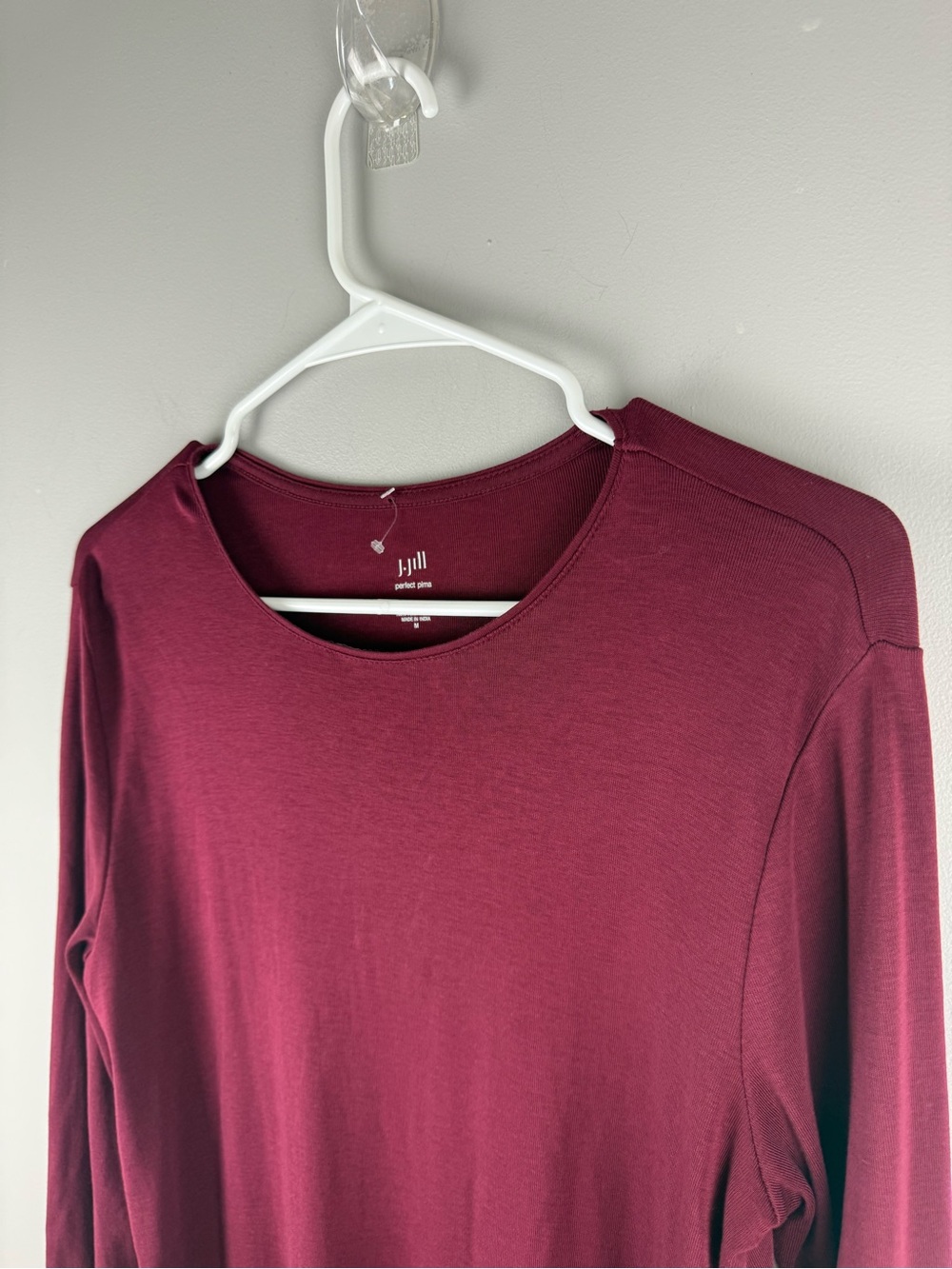 J Jill Womens Maroon Delicate Trim Long Sleeve Tunic Top Dress SZ M Pima Cotton